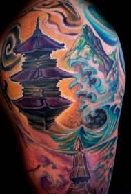 Painted style Asian temple and mountain tattoo pattern
