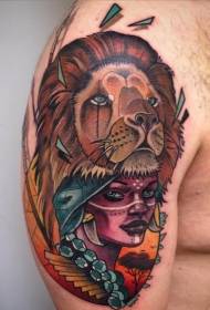 new school style colored shoulder Tribal women with lion tattoo