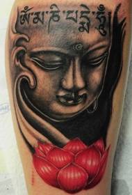 shoulder color Buddha statue and red lotus tattoo pattern