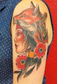 shoulder-style gypsy woman with fox helmet tattoo