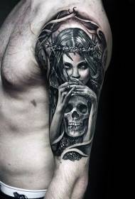 engraving style black and white shoulder women skull tattoo picture