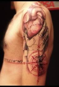 axel skiss stil färgade hjärta och kompass tatuering