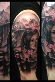 Geisha tradicional colorida con hombros y tatuajes de samurai