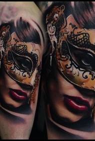 realistic style color mask mysterious woman tattoo