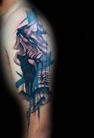 Shoulder თანამედროვე ქარის ფერადი მთის tattoo ერთად elk tattoo ნიმუში