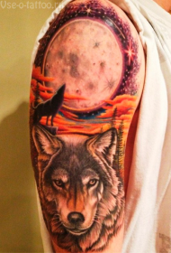shoulder colored wolf with big moon tattoo pattern