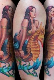 schouder kleur illustratie stijl zeemeermin en hippocampus tattoo
