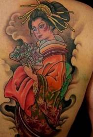 Patrón de tatuaje colorido de geisha asiática linda en la espalda
