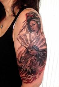 Shoulder Japanese style fan reng geisha tattoo