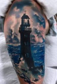 realistic style shoulder lighthouse and lightning tattoo pattern