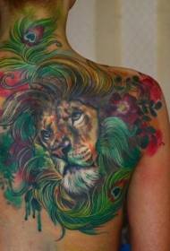 Colored shoulder lion head and flower tattoo pattern