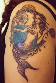 female shoulder color vintage portrait mermaid tattoo