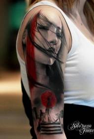 Big arm realistic color sad Asian geisha tattoo pattern