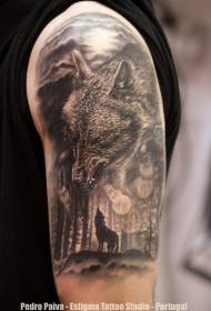 shoulder black gray washed forest wolf tattoo pattern
