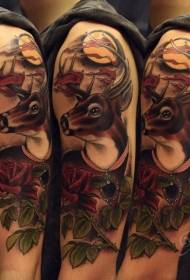 Big arm colored deer and flower tattoo pattern