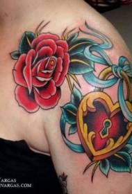 Shoulder beautiful colored heart lock with rose tattoo pattern