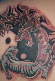 Back yin and yang gossip with tiger and dragon tattoo pattern