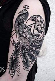 Big arm illustration style black big peacock geometric tattoo pattern