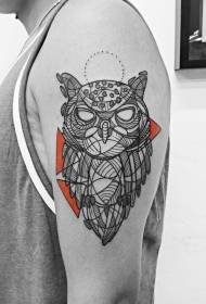 Big arm ornate black line owl and colorful triangle tattoo pattern