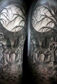Didelės rankos senosios mokyklos nespalvotos kapinės su zombių tatuiruotės modeliu