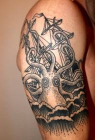 Big arm old school black line big octopus with sailboat tattoo pattern
