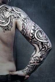 Arms and shoulders black various ancient ornament and letter tattoo pattern