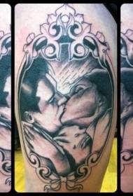 Old school black kissing couple portrait with white cat tattoo pattern