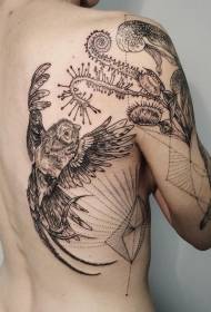 Fantásticas linhas preto e brancas com pássaros e plantas padrão de tatuagem costas geométricas