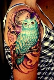 Colorful owl sitting on a branch under the moon tattoo pattern