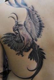 Motivo tatuaggio schiena fenice grigio nero