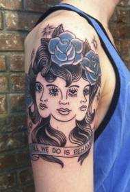 Wielkie ramię starej szkoły kobieta i niebieski kwiat tatuaż wzór listu