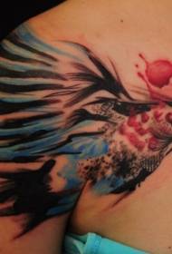 Shoulder color splash style birdie tattoo pattern