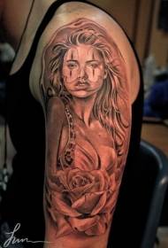 Mexican style black grey woman portrait with rose big arm tattoo pattern