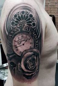 Big arm realistic black and white quirky clock with rose tattoo pattern
