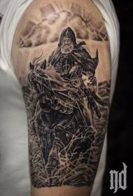 Big arm gorgeous black gray medieval warrior tattoo pattern