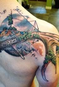 Ramena šarenih crtanih rogova i ostrva tetovaža uzorak