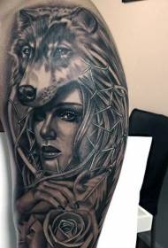 Big arm black gray style women with rose and wolf helmet tattoo pattern