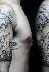 Mies käsivarsi mustat ja siniset viivat vuoret ja kristalli tatuointi malli