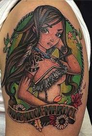 Little arm color cartoon indian girl with letters and flowers tattoo pattern