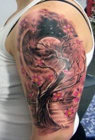 Grootarm gekleurde perskeboom en landskap tatoeëringpatroon
