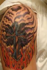 Big arm flame and black cross tattoo pattern