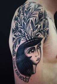 大きな腕イラストスタイル黒植物と女性のタトゥーパターン