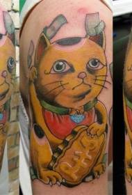 Modello di tatuaggio di gatto e denaro fortunato giapponese colorato di nuova scuola