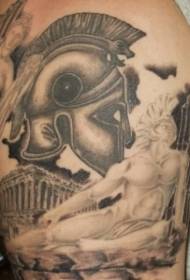 Arm huge black ancient Greek helmet tattoo pattern