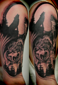 Big black and gray style forest wolf mood tattoo design