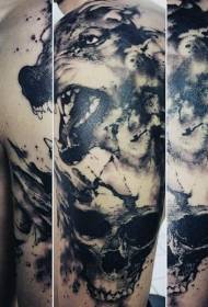 Rankos tikroviškas juodos pilkos vilko kaukolės tatuiruotės modelis