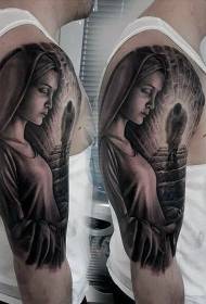 Big arm mysterious black woman and stair tattoo pattern