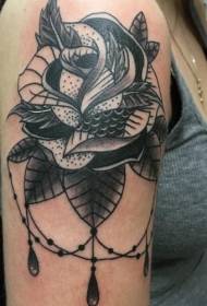 Iso musta piste pistetty ruusu ja jalokivi-tatuointikuvio