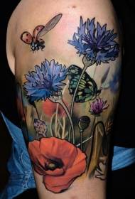 Bigbow kelebek ve uğur böceği kır çiçeği dövme deseni boyalı