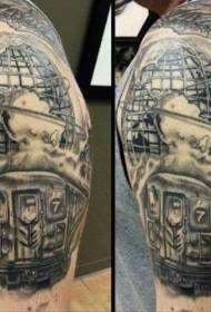 Black and white city train and earth tattoo pattern with shoulders New York theme
